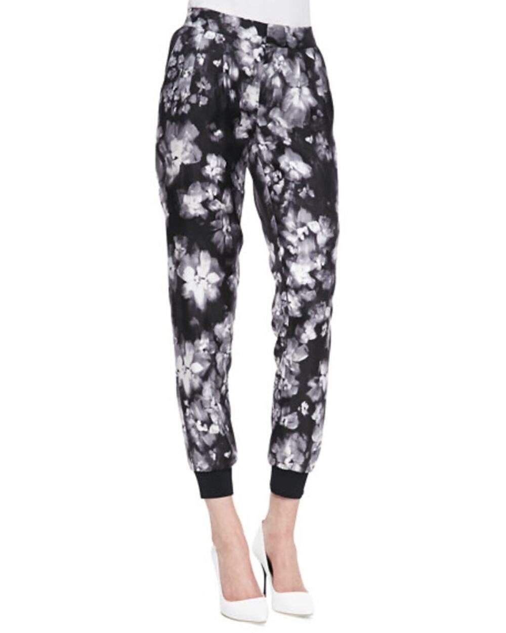 Rebecca Taylor Black Ghost Floral Silk Pleated Tapered Ankle Pants Trousers 4